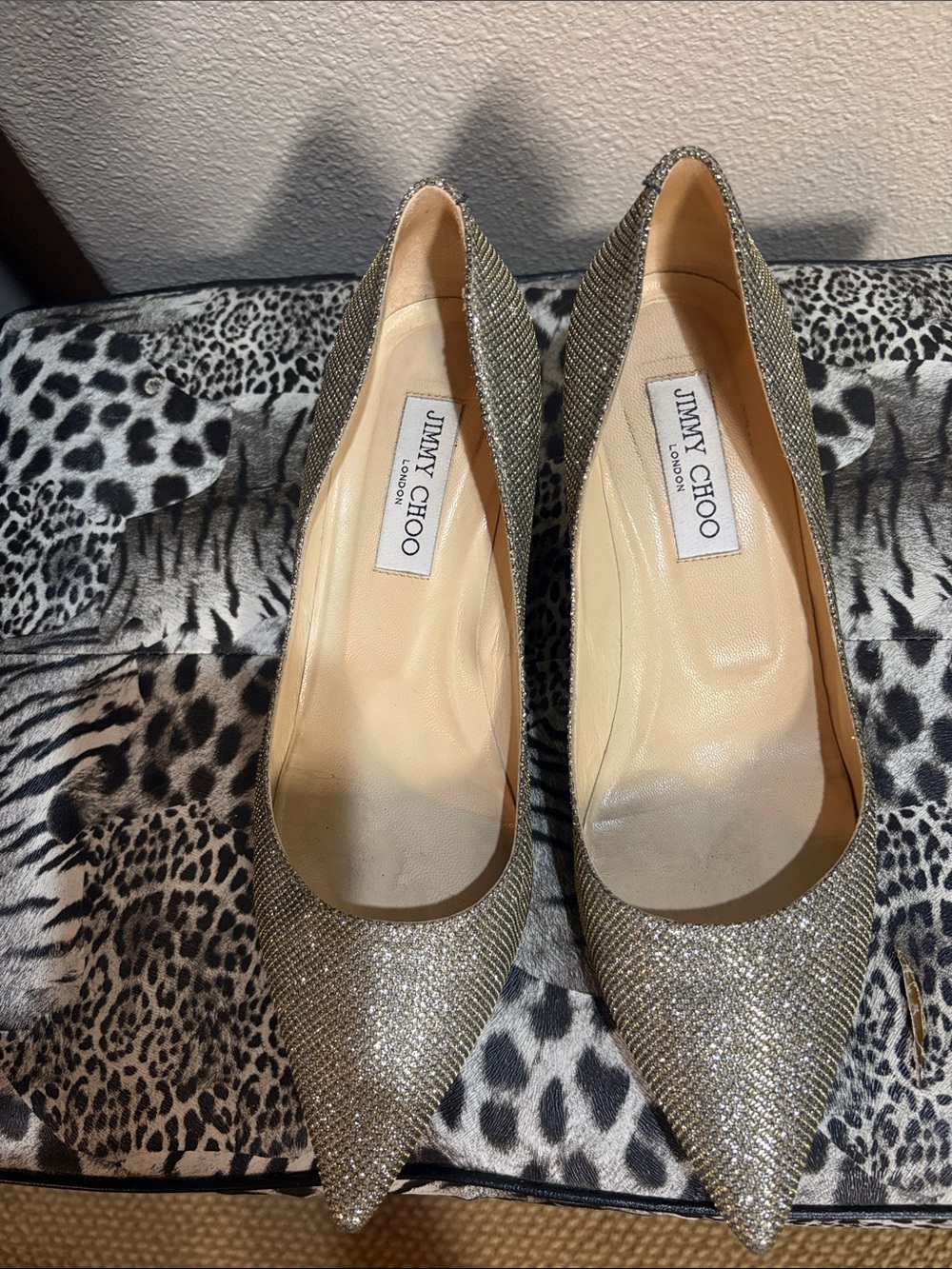 Jimmy Choo Gold Glitter Pointed Toe Pumps Worn once to wedding 39.5